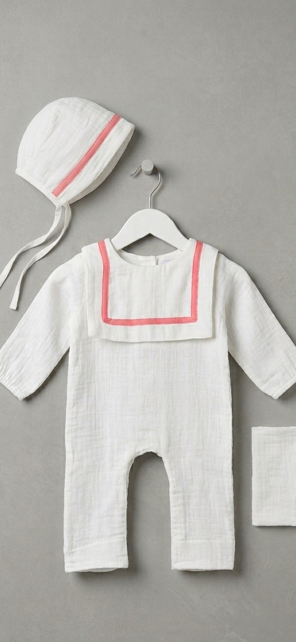 The First Voyage Sailor Romper & Bonnet Set – Pink Trim