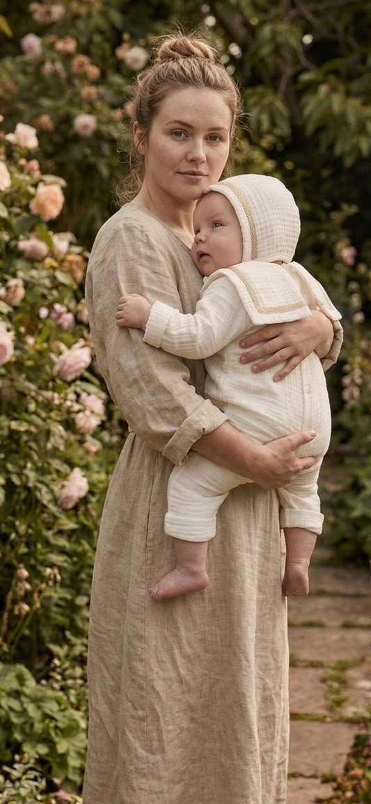 Organic Cotton Sailor Romper & Bonnet Set – Sand Trim