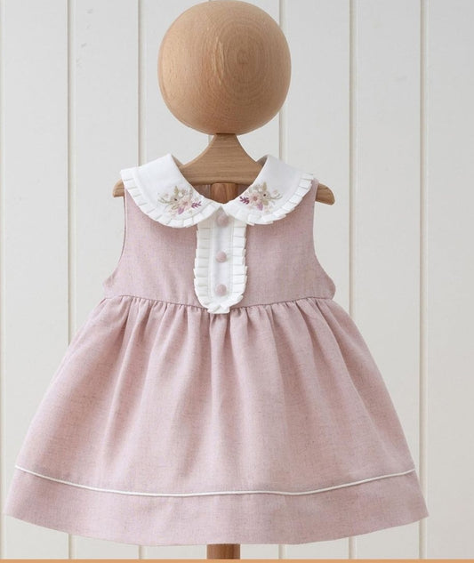 Baby Linen Collared Dress -Pink