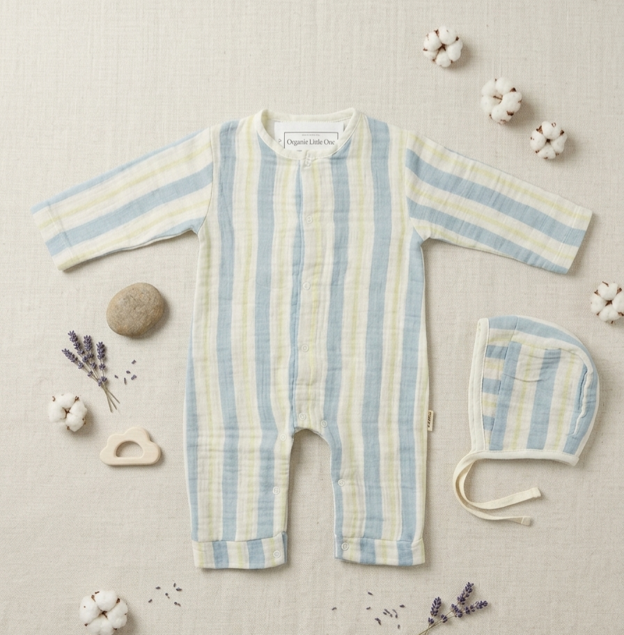 Pastel Blue & Butter Yellow Stripe Set & Matching Bonnet