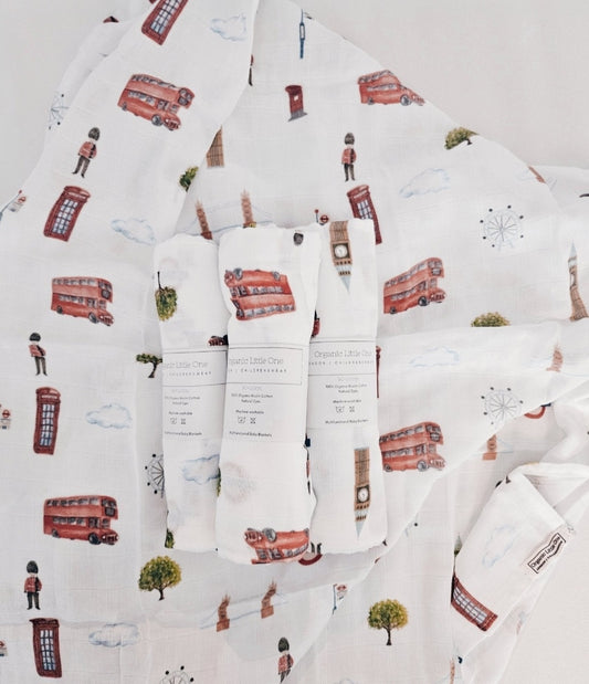 London Print Organic Muslin Baby Blanket 90X110cm