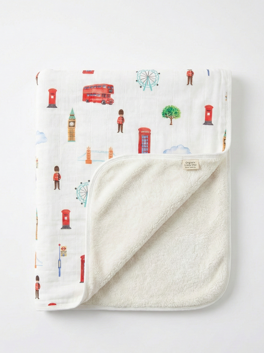 London Print Organic Muslin & Cotton Sherpa Double-Sided Baby Blanket (90 × 110 cm)