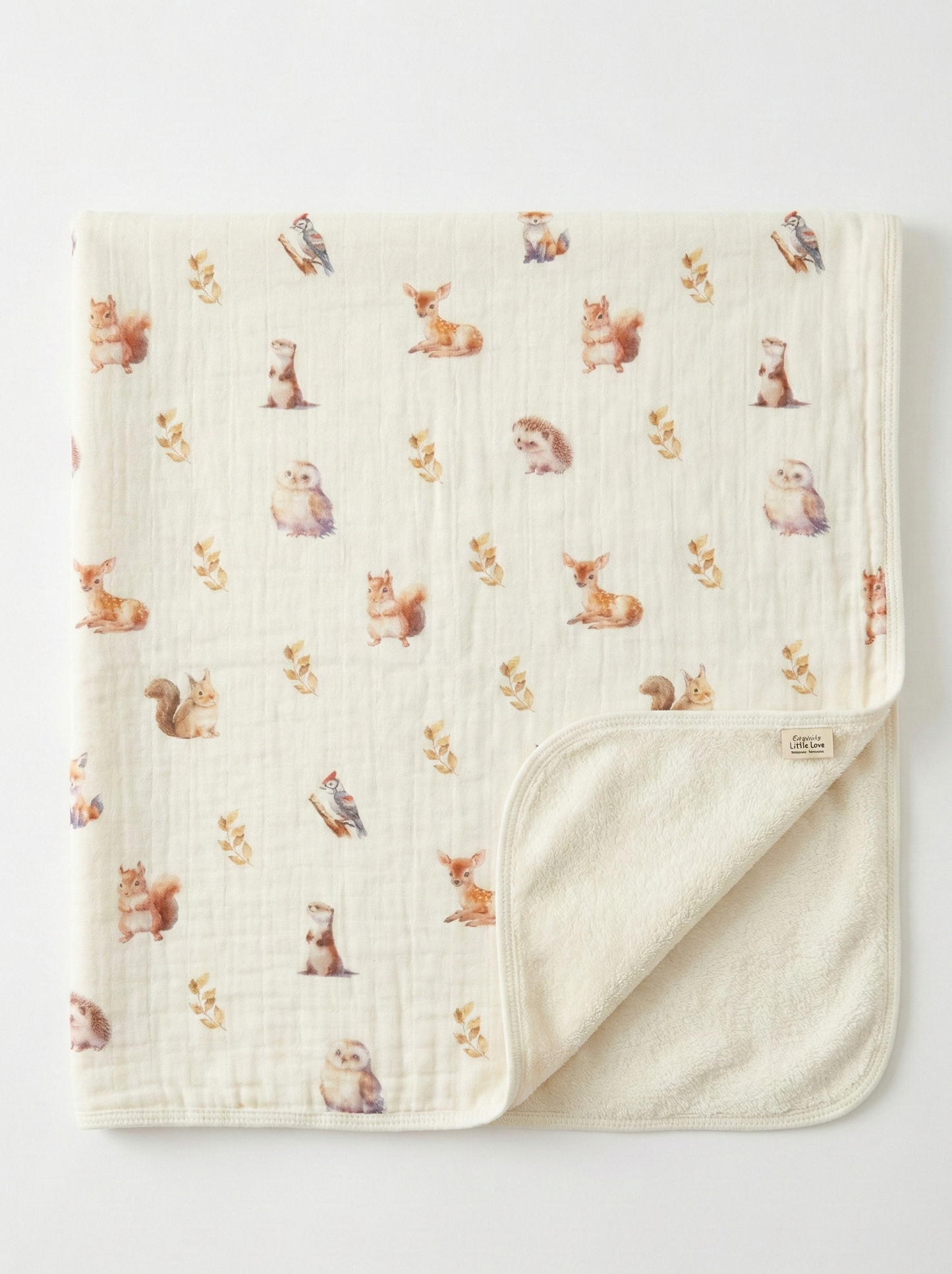 Woodland Animals Organic Muslin & Cotton Sherpa Double-Sided Baby Blanket (90 × 110 cm)