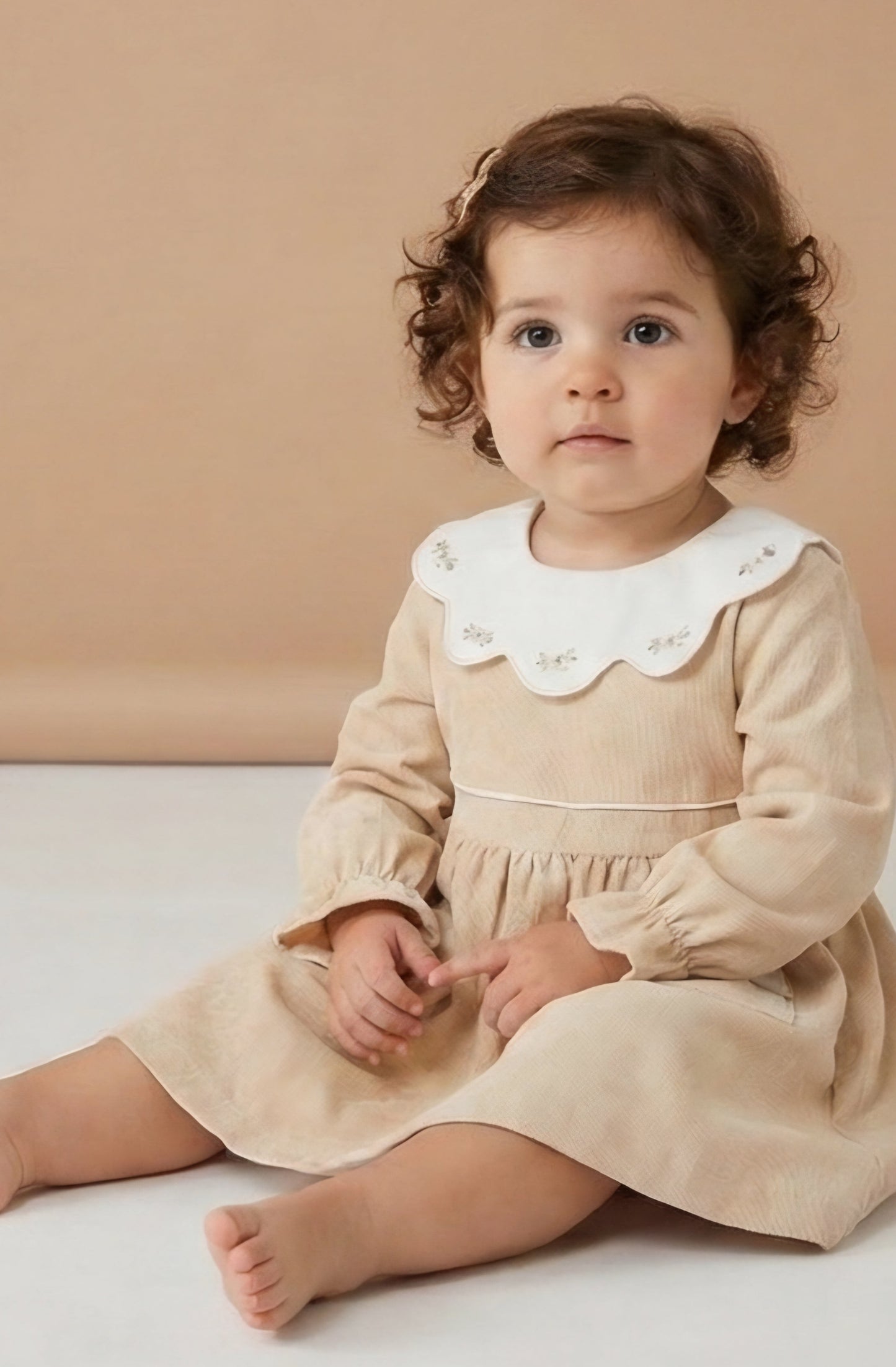 Scalloped Collar Organic Cotton Dress - Beige| Ages 2-5 Years