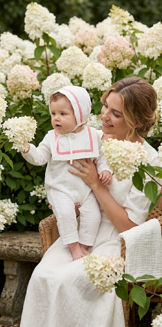 Organic Cotton Sailor Romper & Bonnet Set – Pink Trim