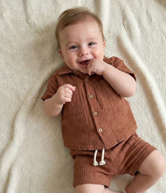 Organic Muslin Cotton Baby Boys Brown Shorts Set — Breathable 2-Piece Outfit (6-24 Months)