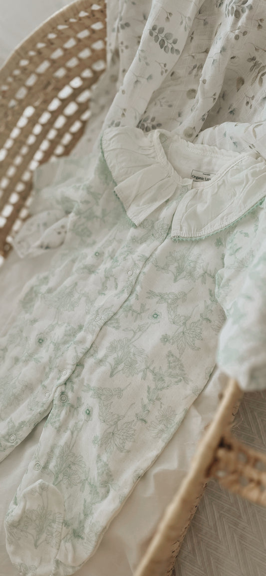 Organic Baby Muslin Romper — Mint Green Floral Summer Sleepsuit