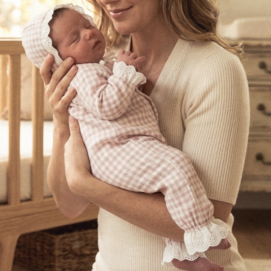 Dusky Rose Gingham Lace Sleepsuit & Matching Bonnet