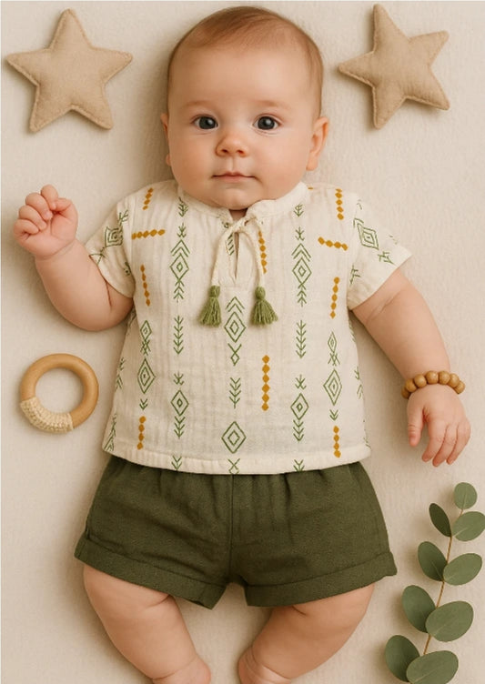 Boho Sage Wanderer – Organic Muslin Baby Set