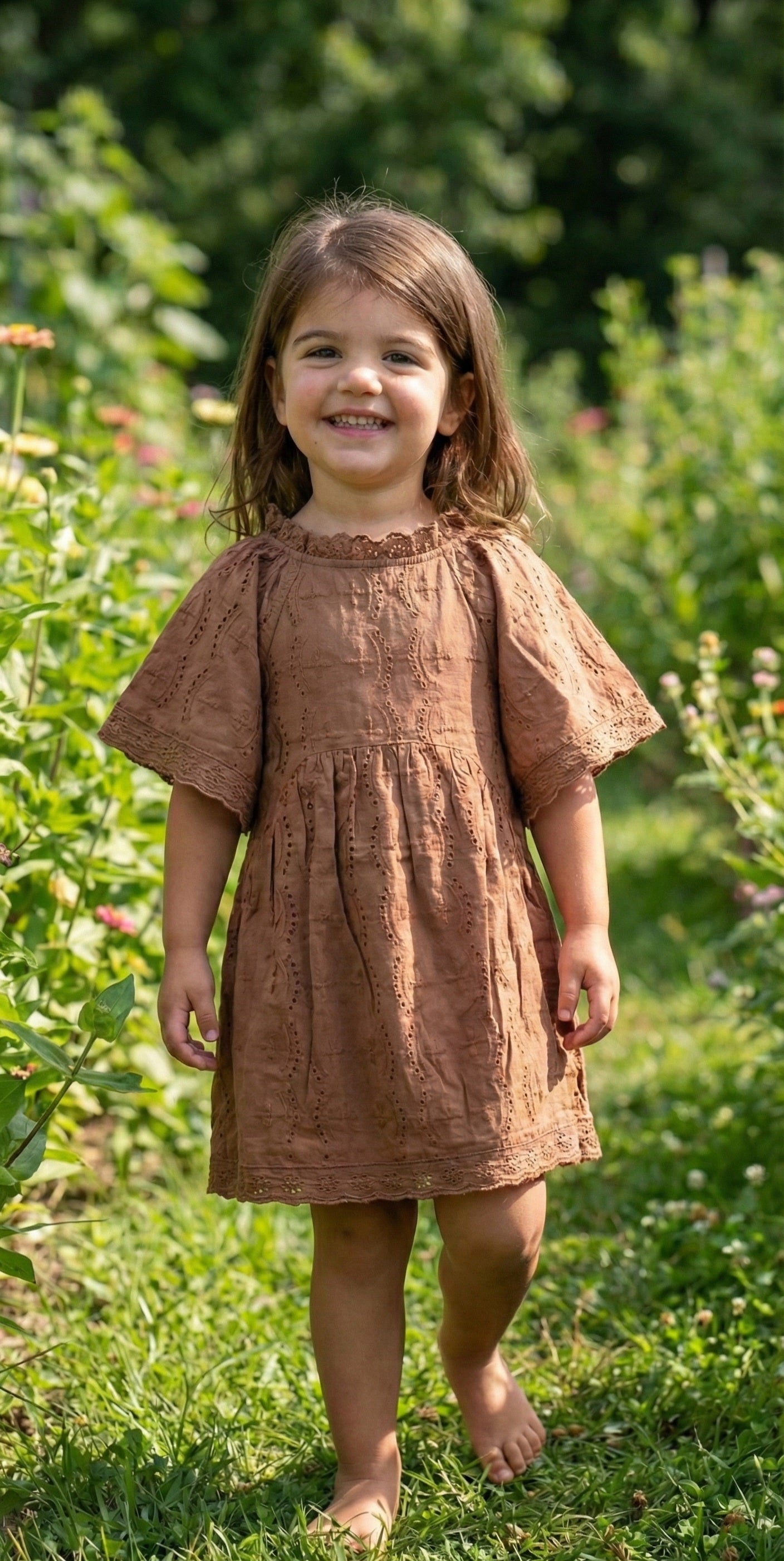 Girls - Brown Organic Cotton Summer Dress | Broderie Anglaise | Sizes 2–6 Years