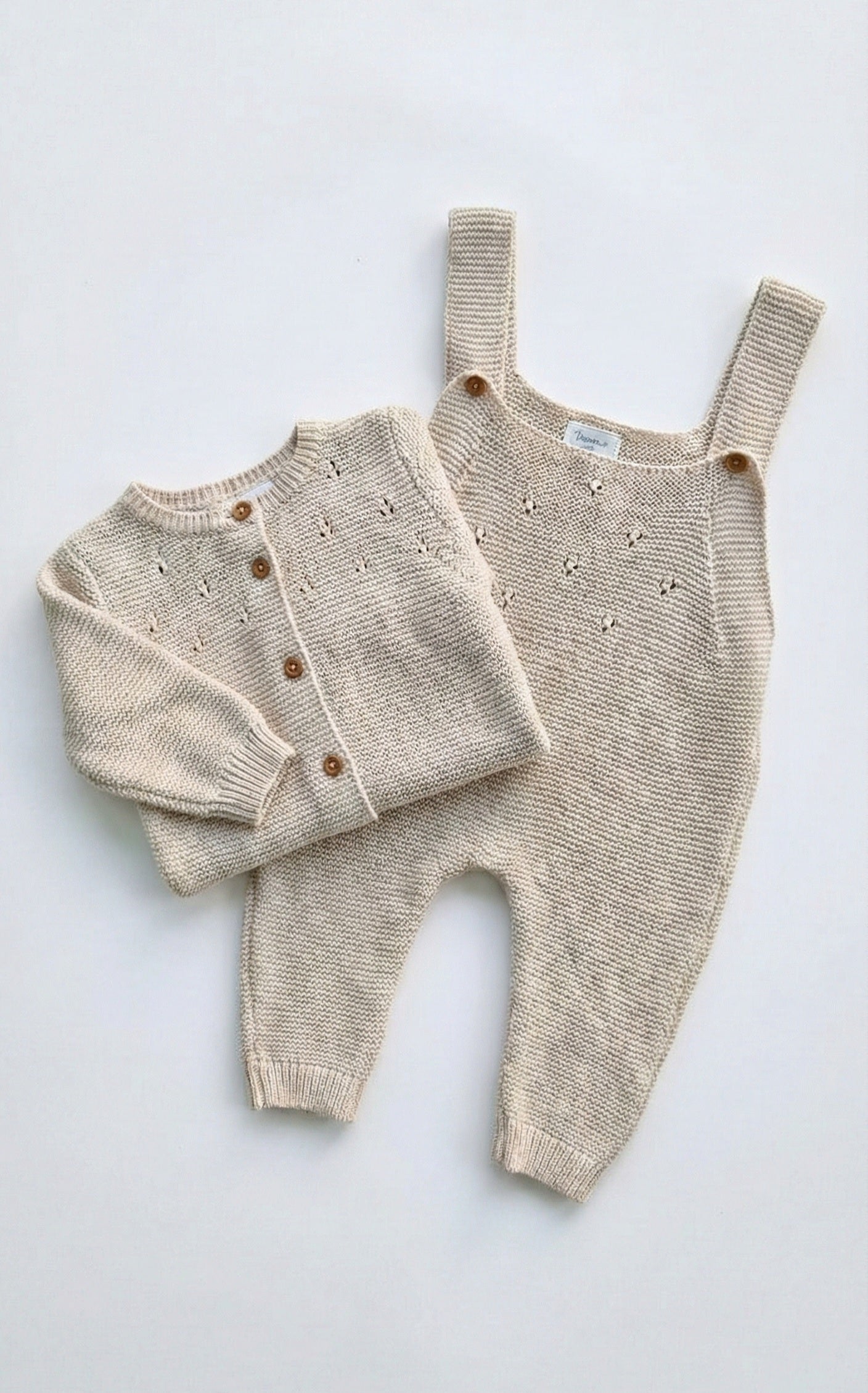 Organic Cotton Knit Cardigan & Dungaree Set - Oatmeal