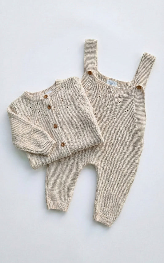 Organic Cotton Knit Cardigan & Dungaree Set - Oatmeal