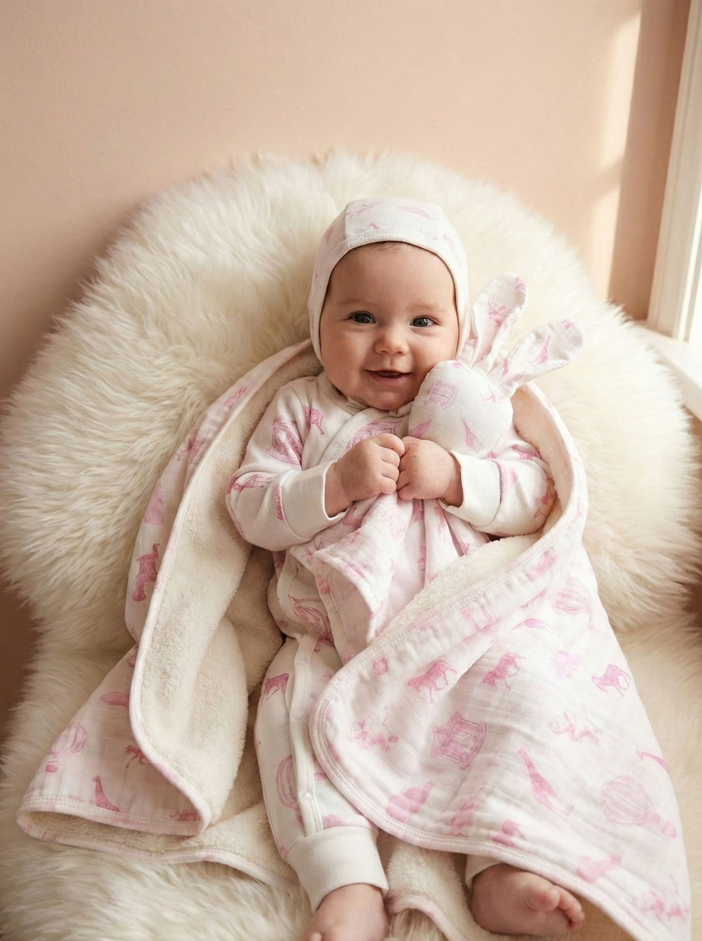 Hotair Balloon & Friends Pink Bunny Muslin Comforter – Organic Cotton