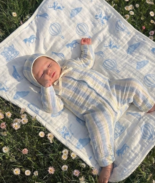 Pastel Blue & Butter Yellow Stripe Set & Matching Bonnet