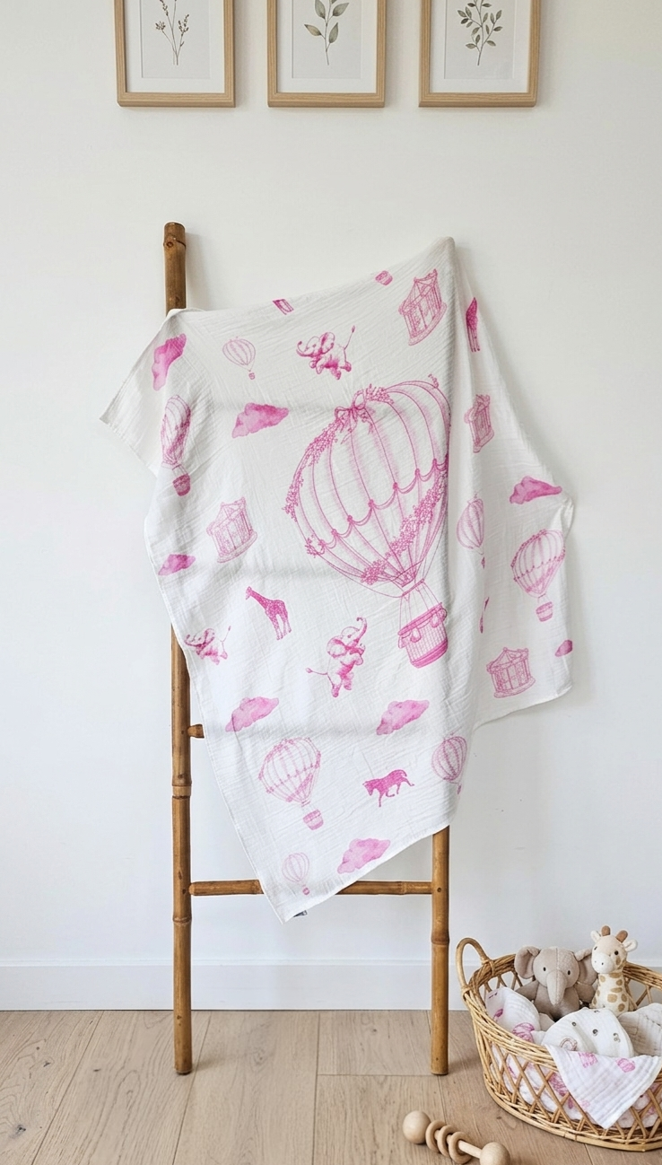 Hot Air Balloon & Animal Friends Muslin Blanket 90x110cm