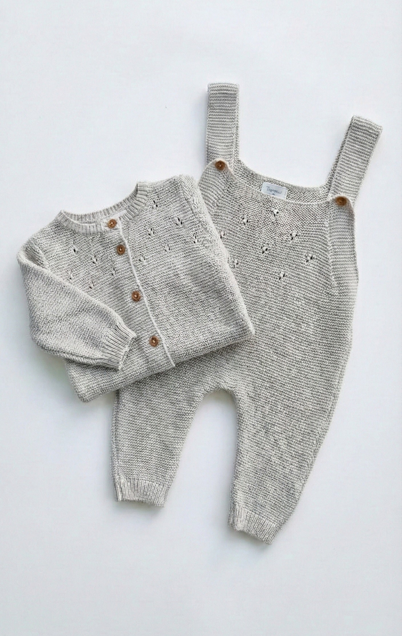 Organic Cotton Knit Cardigan & Dungaree Set - Pebble