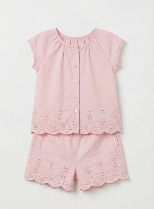 Girls' Broderie Anglaise Cotton Short Set