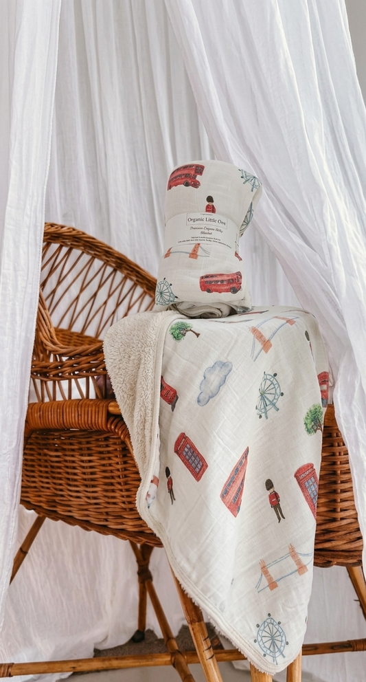 London Print Organic Muslin & Cotton Sherpa Double-Sided Baby Blanket (90 × 110 cm)
