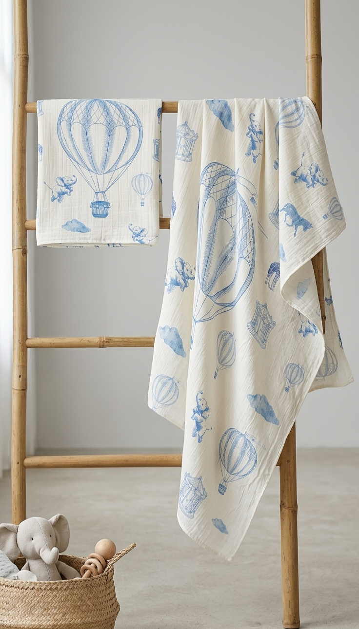Blue Hot Air Balloon & Animal Friend Muslin Blanket 90x110cm
