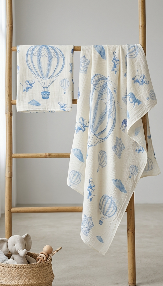 Blue Hot Air Balloon & Animal Friend Muslin Blanket 90x110cm