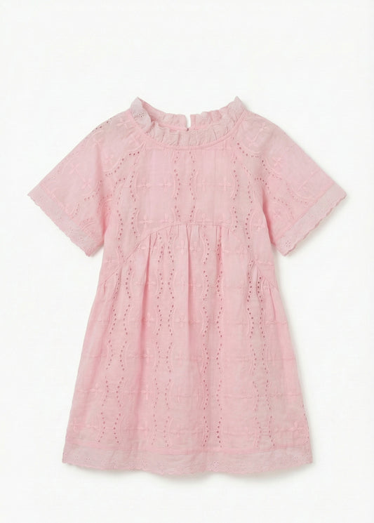 Girls - Pink Organic Cotton Summer Dress | Broderie Anglaise | Sizes 2–6 Years