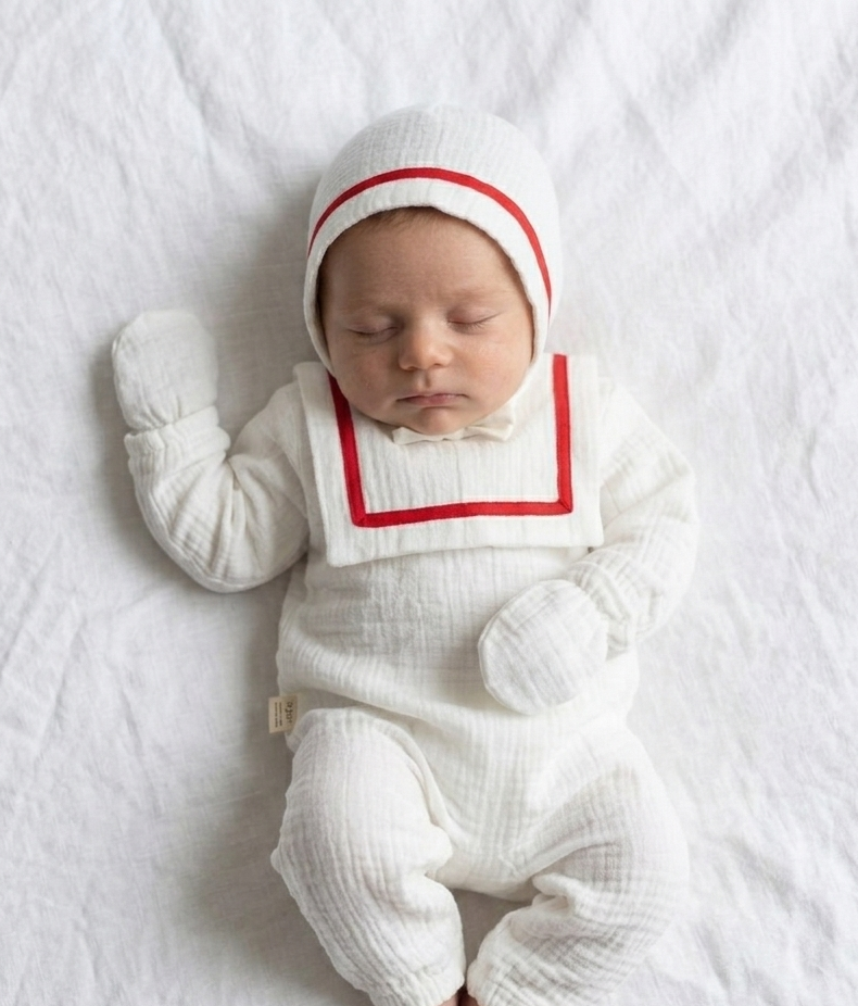 The First Voyage Sailor Romper & Bonnet Set – Red Trim
