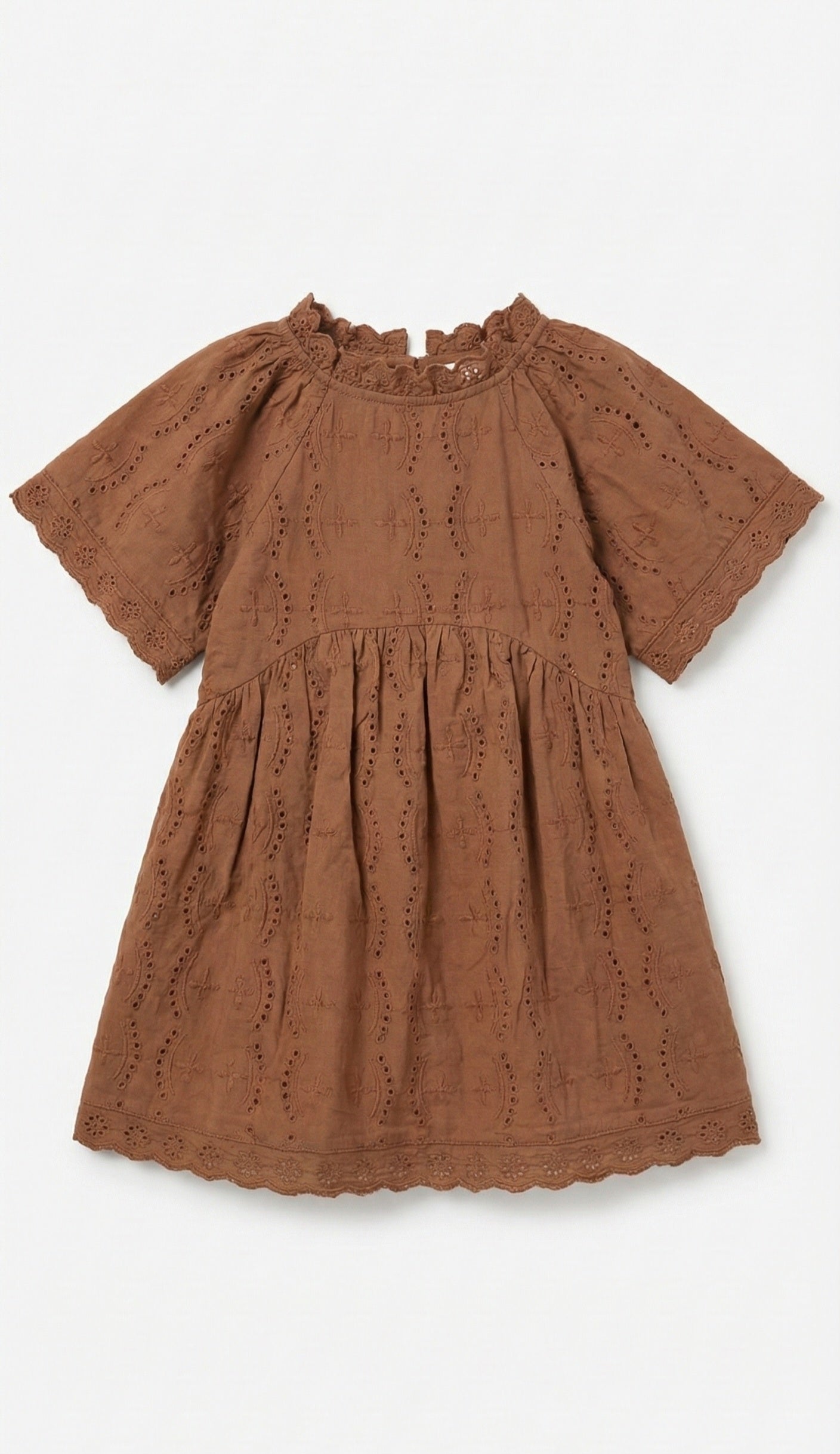 Girls - Brown Organic Cotton Summer Dress | Broderie Anglaise | Sizes 2–6 Years