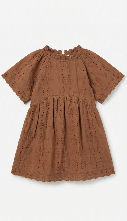 Girls - Brown Organic Cotton Summer Dress | Broderie Anglaise | Sizes 2–6 Years