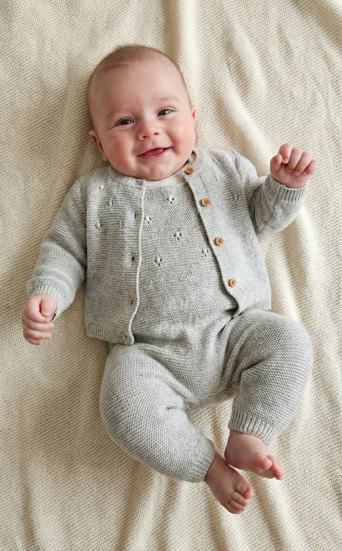 Organic Cotton Knit Cardigan & Dungaree Set - Pebble