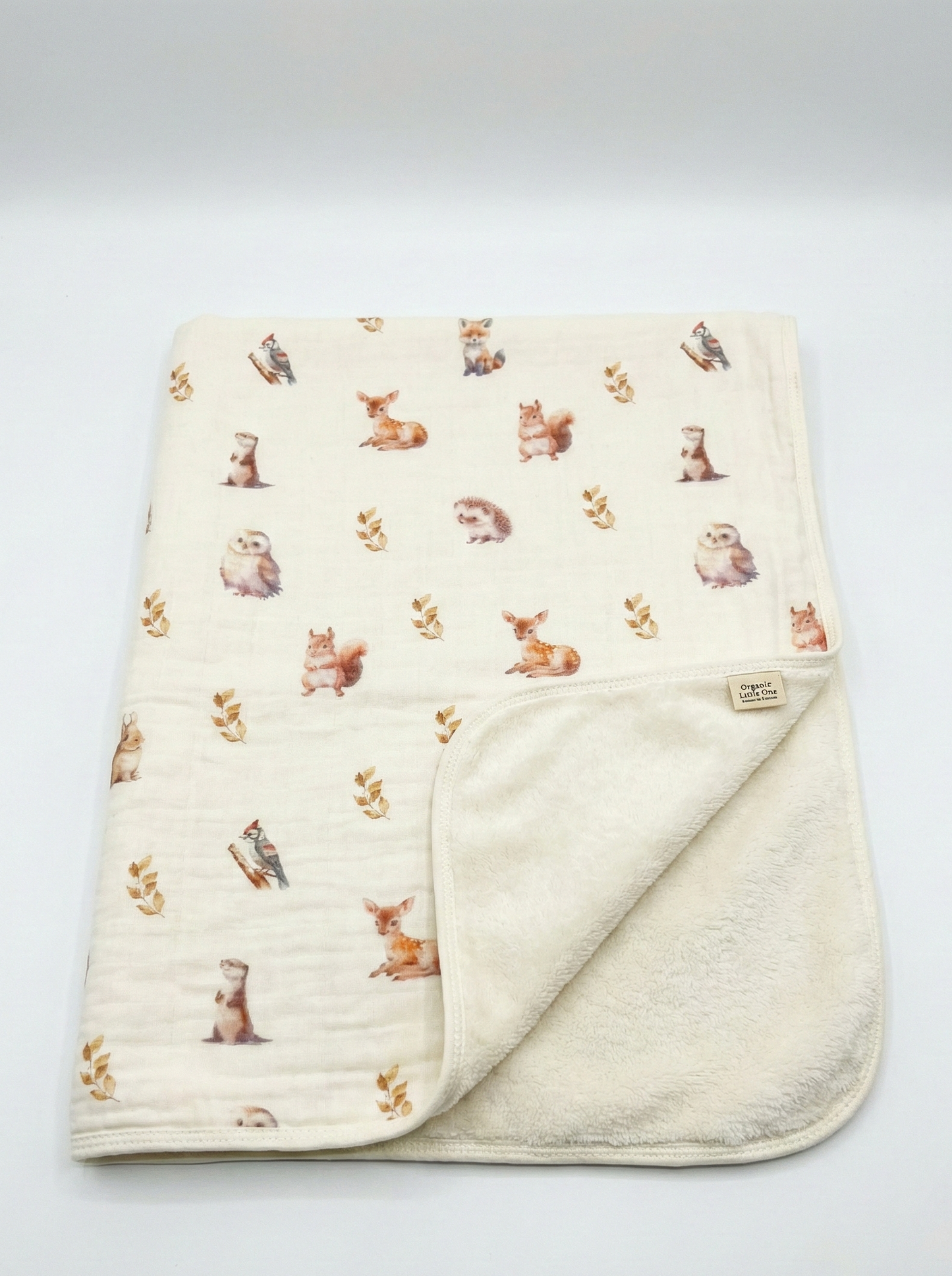 Woodland Animals Organic Muslin & Cotton Sherpa Double-Sided Baby Blanket (90 × 110 cm)