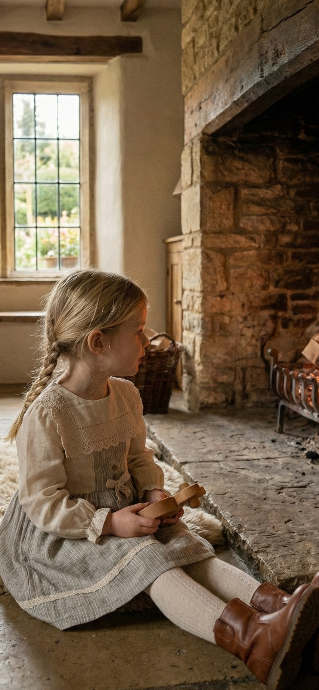 Vintage Lace Panel Linen Dress - Soft Oat & Grey Stripe
(Girls Linen Dress | 2-3 Years to 5-6 Years)