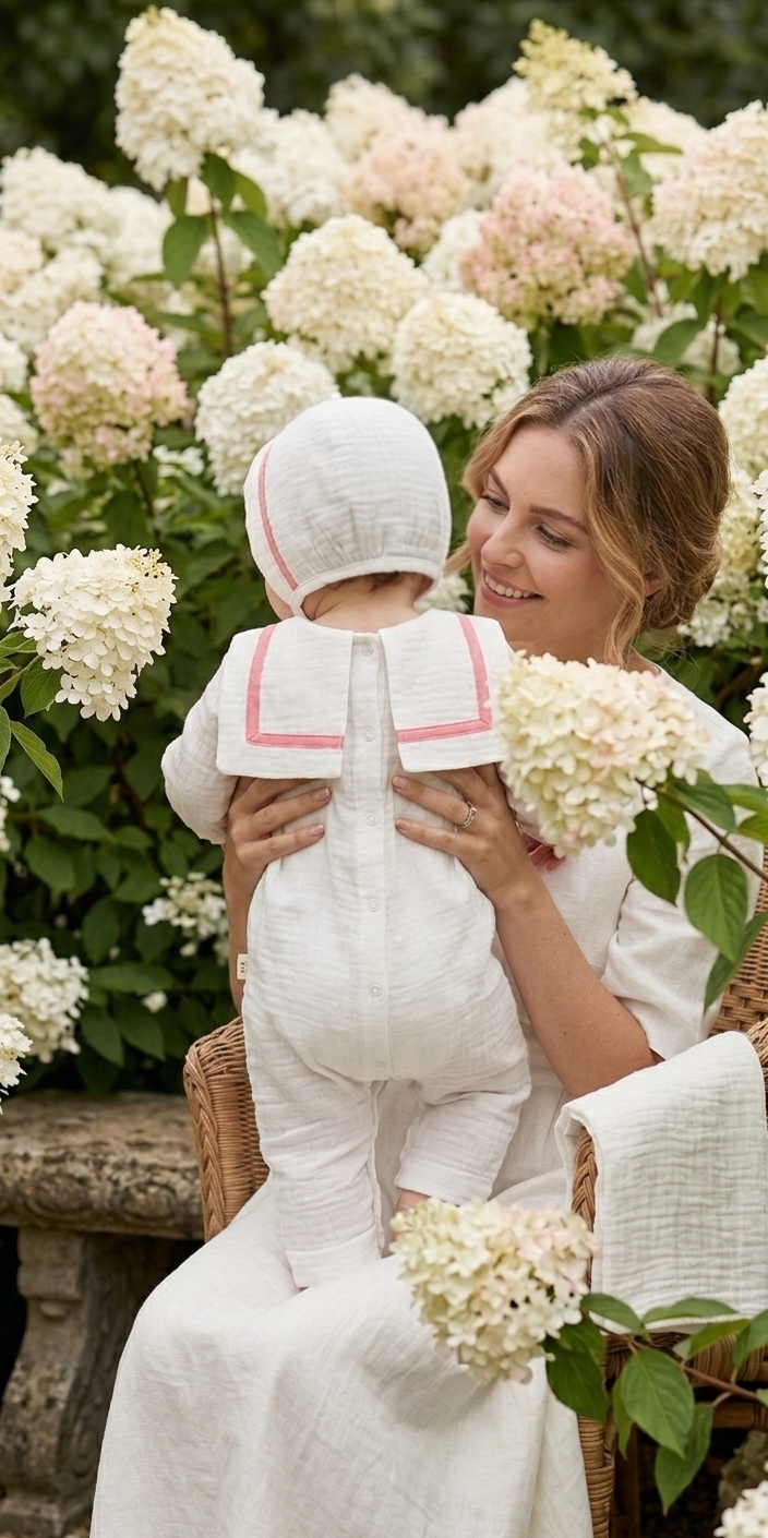 The First Voyage Sailor Romper & Bonnet Set – Pink Trim