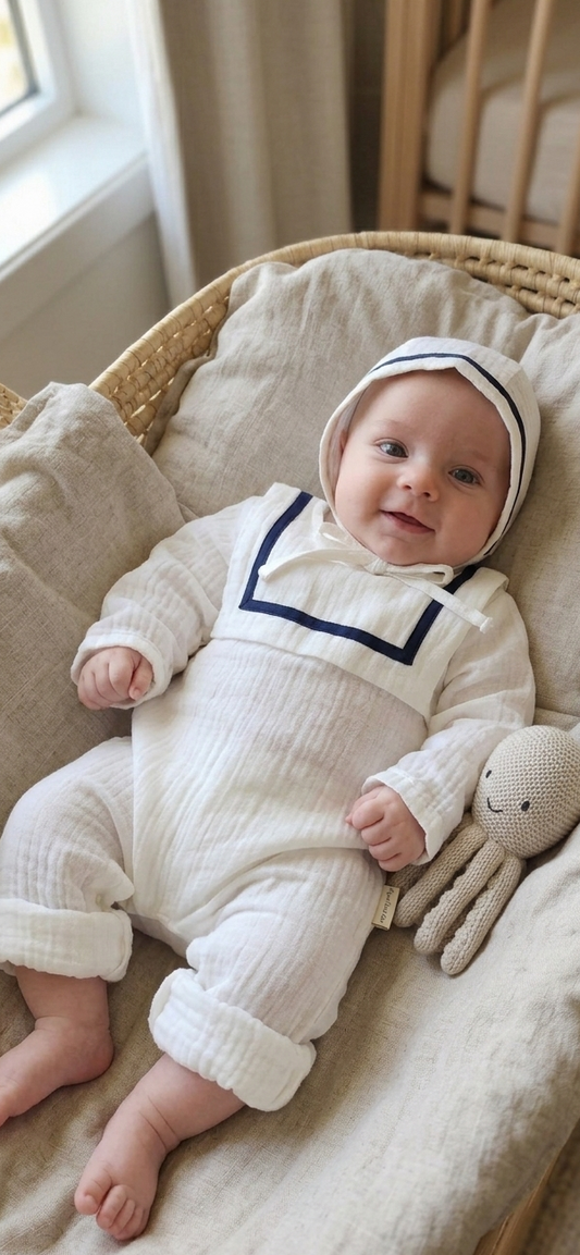 Organic Cotton Sailor Romper &  Bonnet Set– Navy Trim