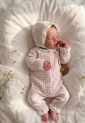 Dusky Rose Gingham Lace Sleepsuit & Matching Bonnet