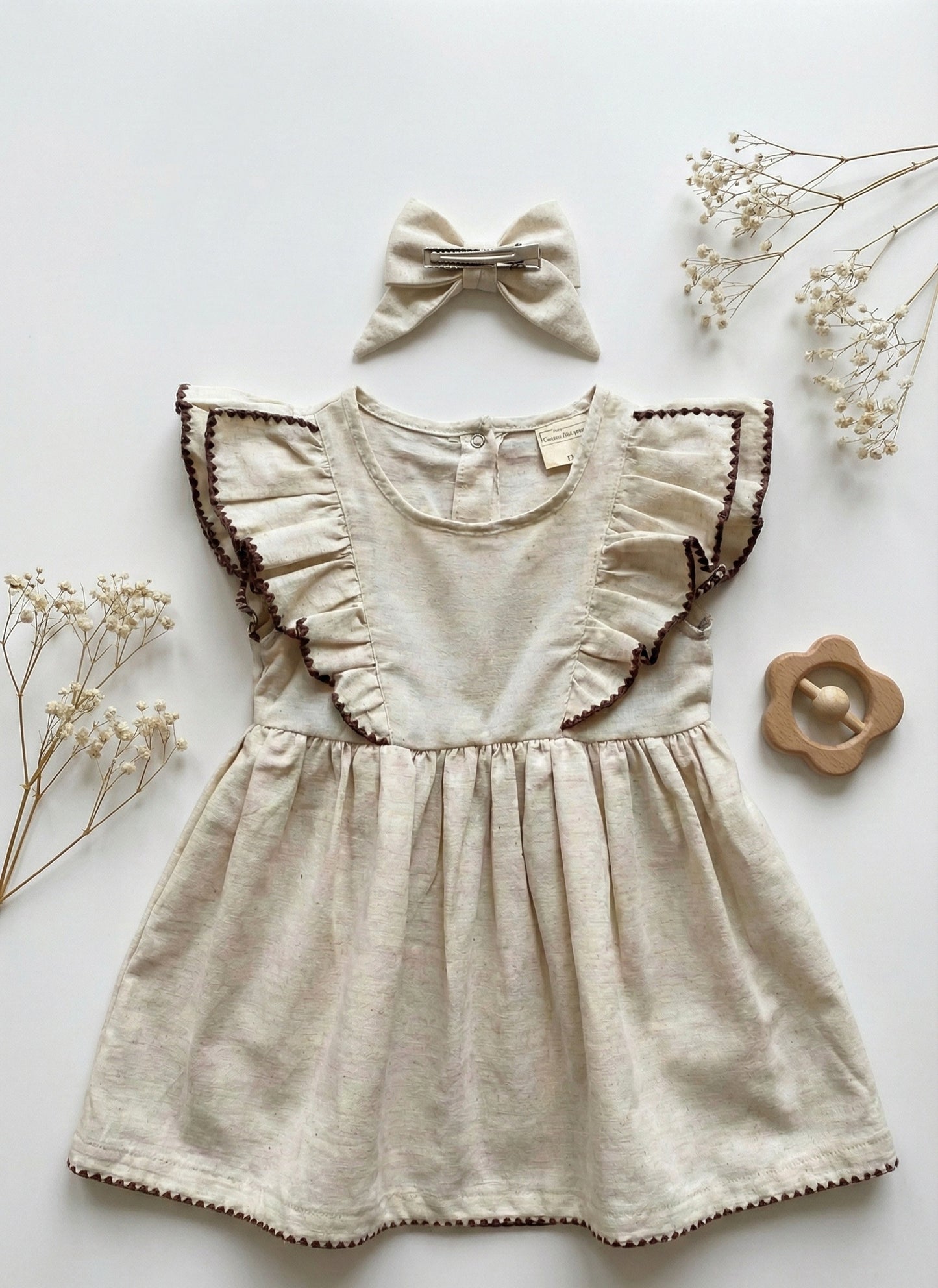 Linen Ruffle Baby Girl Dress with Matching Hair Clip Set -Beige