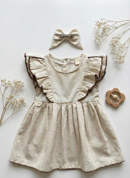 Linen Ruffle Baby Girl Dress with Matching Hair Clip Set -Beige