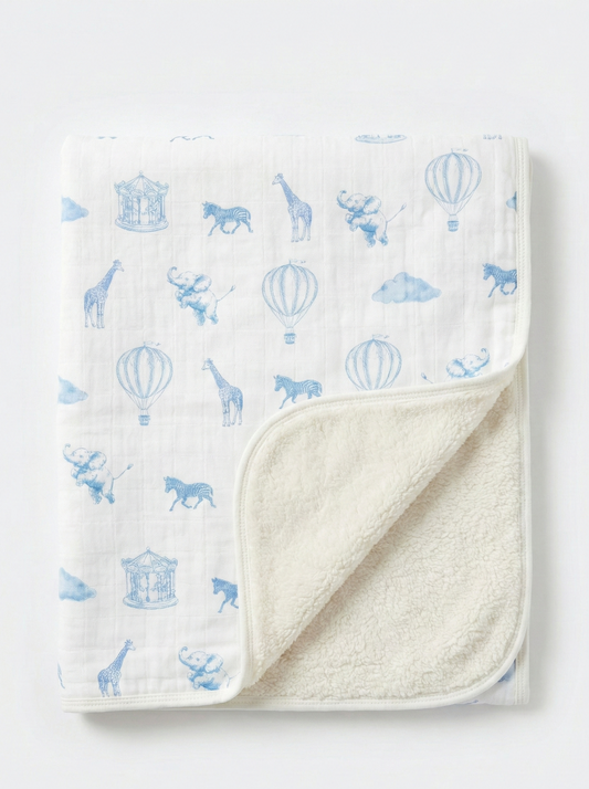 Blue Safari Balloon Organic Muslin & Cotton Sherpa Double-Sided Baby Blanket (90 × 110 cm)