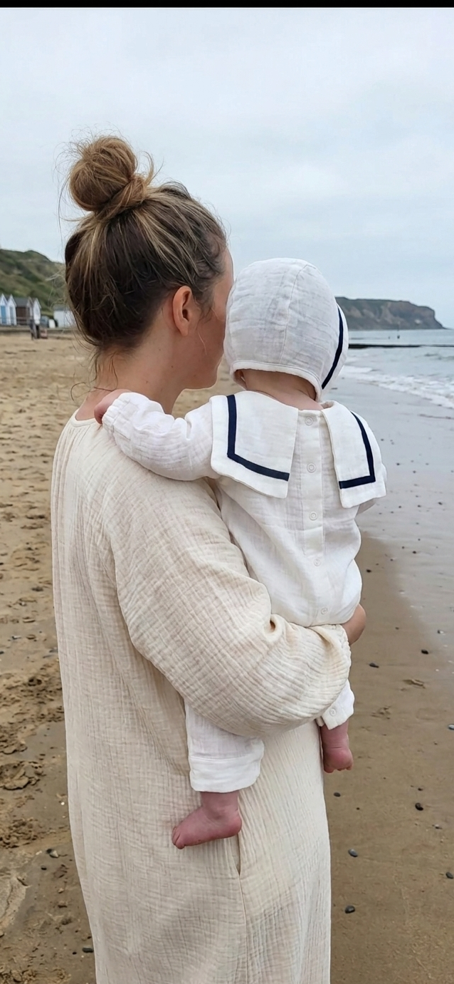 The First Voyage Sailor Romper & Bonnet Set – Navy Trim