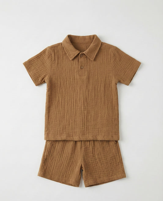 Organic Muslin Cotton Brown Polo & Shorts Set (2-6 Years)