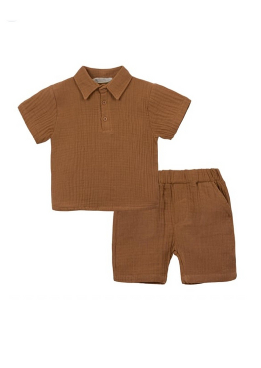 Organic Muslin Cotton Brown Polo & Shorts Set (2-6 Years)