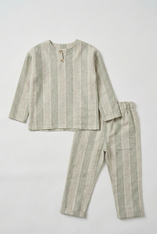 Sage Stripe Linen Set (2–6 Years) | Organic Little One