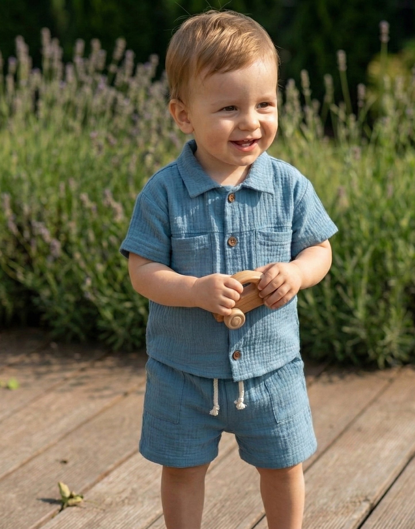 Organic Muslin Cotton Baby Boys Summer Blue Shorts Set — Breathable 2-Piece Outfit (6-24 Months)
