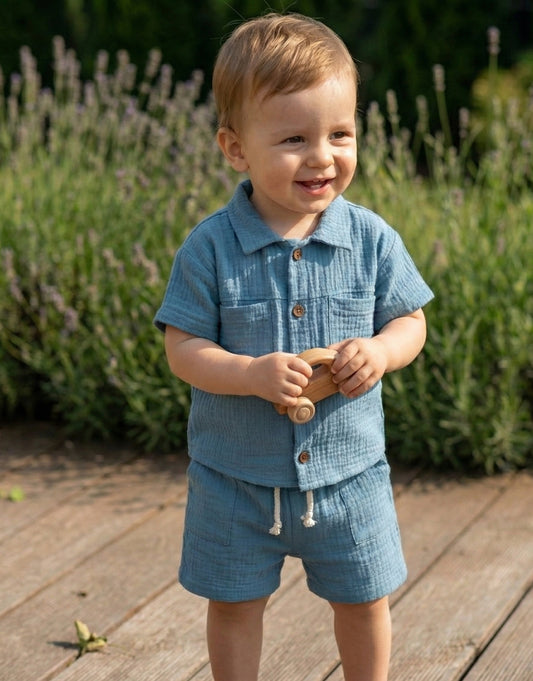 Organic Muslin Cotton Baby Boys Summer Blue Shorts Set — Breathable 2-Piece Outfit (6-24 Months)