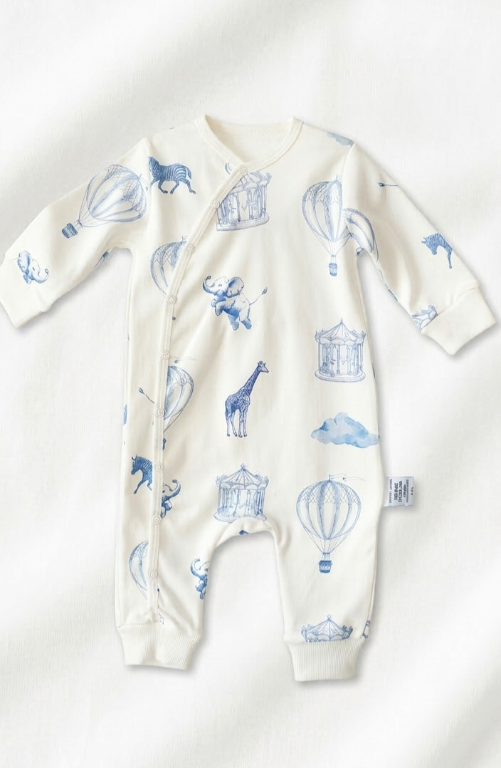 Hot Air Balloon & Animal Friends Organic Sleepsuit -Blue
